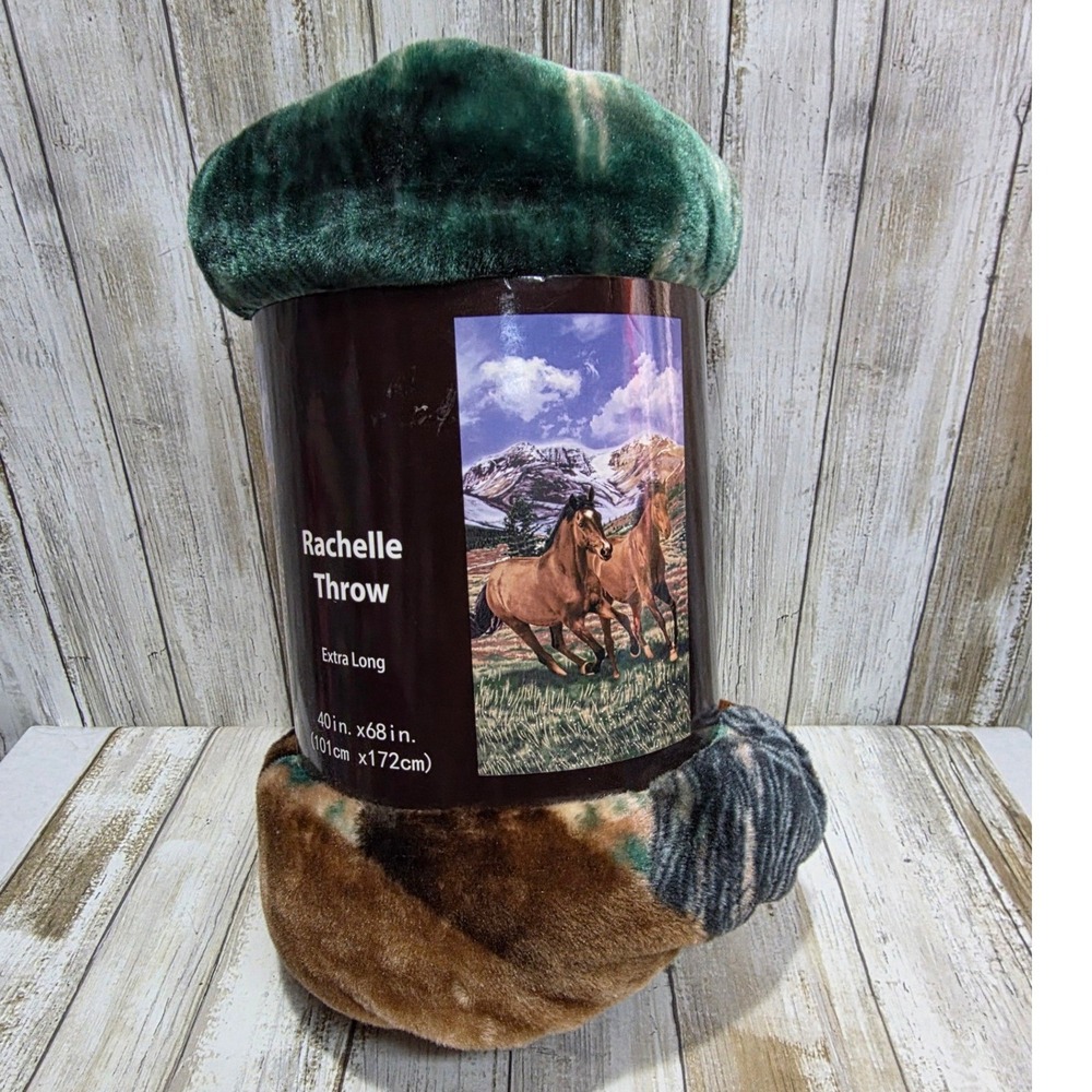 Rachelle Throw Extra Long Horse Nature Scene‎ Fleece Blanket 40x68 Green Brown